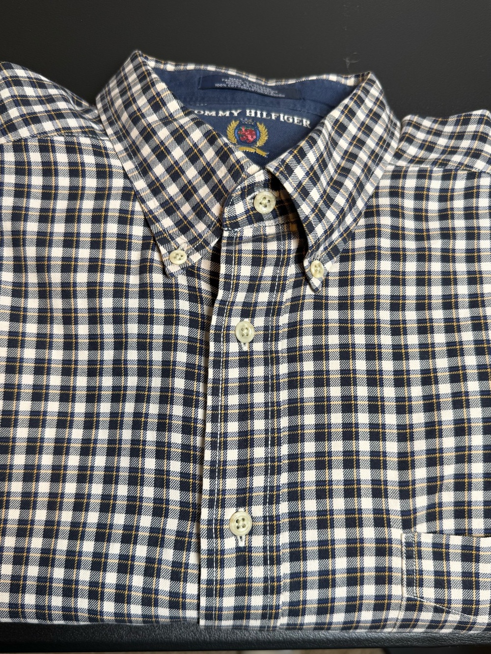 Vintage 90’s Tommy Hilfiger Men's Button-Down Navy, Beige, Red Plaid